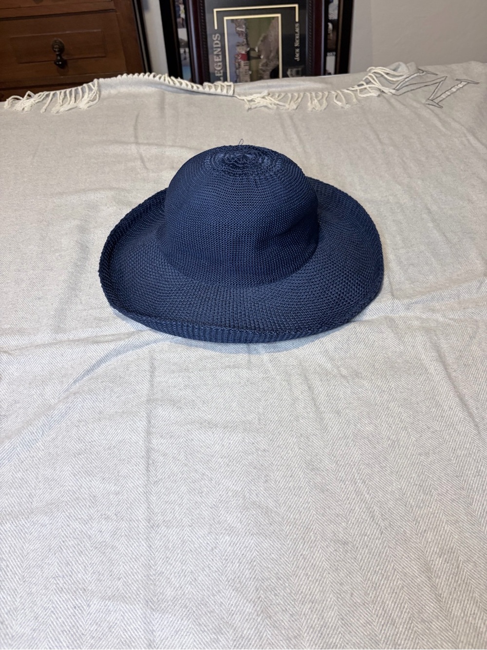 Navy Wide-Brim Knit Sun Hat